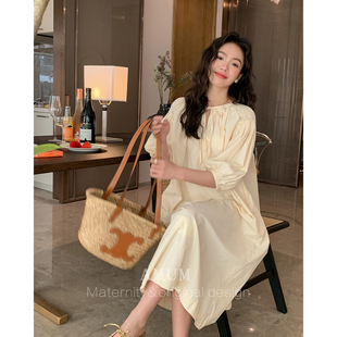 V领泡泡袖 法式 柔光曲 遮肉娃娃裙系带宽松连衣裙 AMUM孕妇装