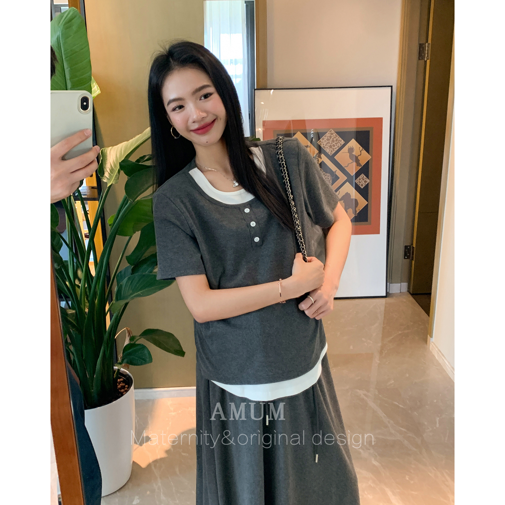 ◆AMUM孕妇装◆夏日半永久~软弹慵懒假两件t恤宽松垂感半身裙套装