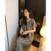 松弛连衣裙夏 醋酸天丝冰凉感舒适宽松气质格子短袖 AMUM孕妇装