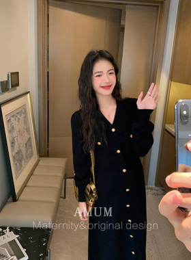 ◆AMUM孕妇装◆复古两色气质春秋针织V领小香风法式收腰连衣裙