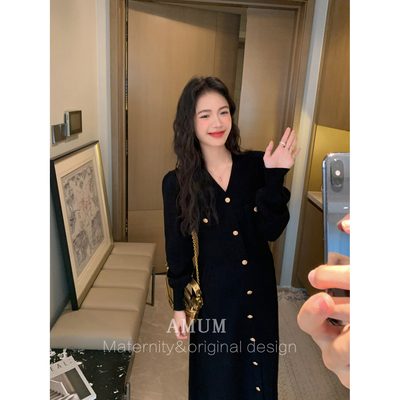 长袖连衣裙孕妇装法式V领毛衣裙