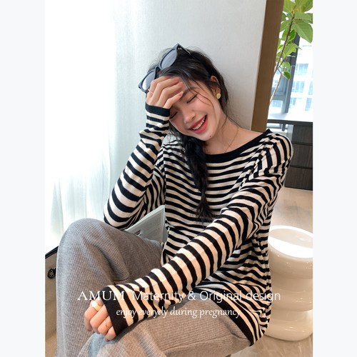 ◆AMUM孕妇装◆自然感日~慵懒圆领长袖亲肤条纹羊毛宽松T恤上衣