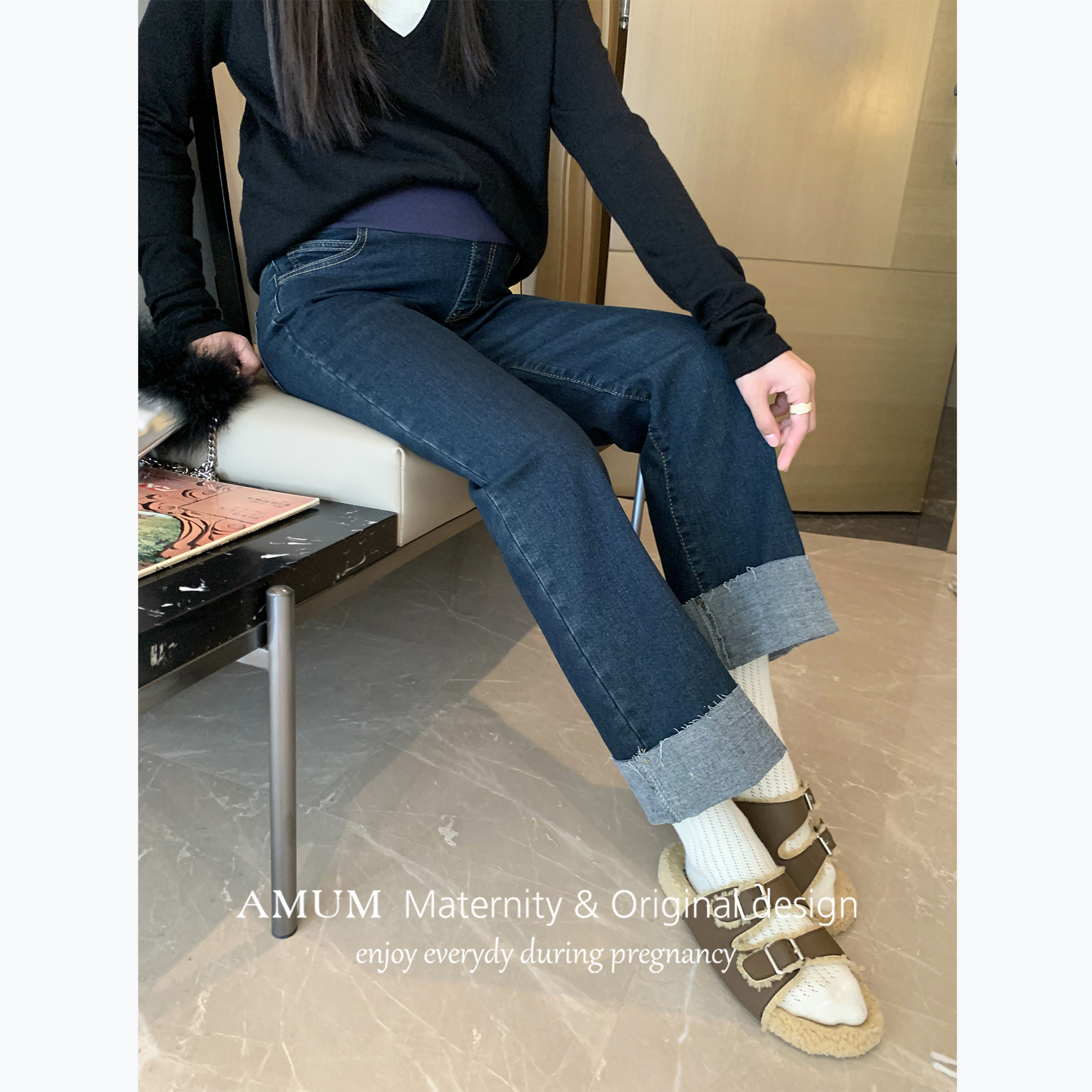◆AMUM孕妇装◆痞酷调调~深蓝色复古翻边牛仔裤显瘦拖腹直筒裤