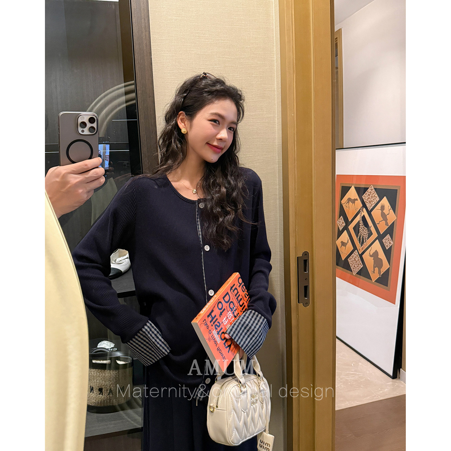 ◆AMUM孕妇装◆智性温柔~气质藏青格子拼接袖开衫高腰半身裙套装