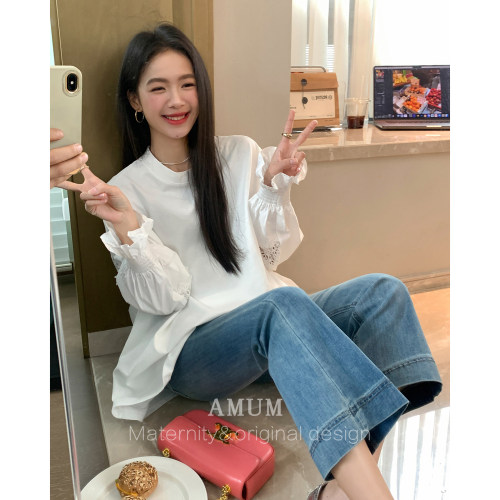 ◆AMUM孕妇装◆绵白氧气~白色圆领拼接衬衣镂空喇叭袖宽松上衣