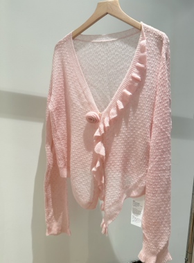 云朵轻柔木耳边花朵丝绒粉色开衫