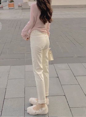 2023神裤奶油米白气质显瘦小直筒显瘦薄绒牛仔裤女