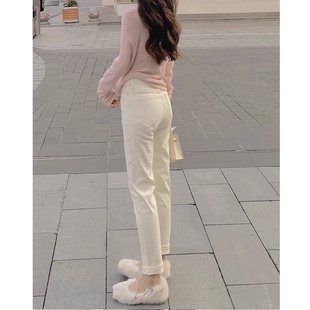 2023神裤奶油米白气质显瘦小直筒显瘦薄绒牛仔裤女