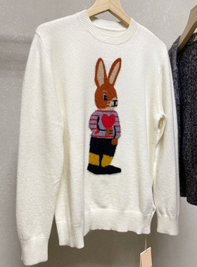 积派羊绒爱心甜兔提花纯山羊绒白色套头羊绒衫