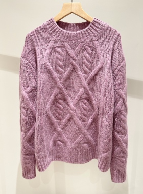 100纯羊绒浮霜花纱粗棒针葡萄籽紫色高知老钱风羊绒衫