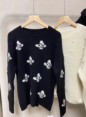 蝴蝶印花纯羊绒打底衫