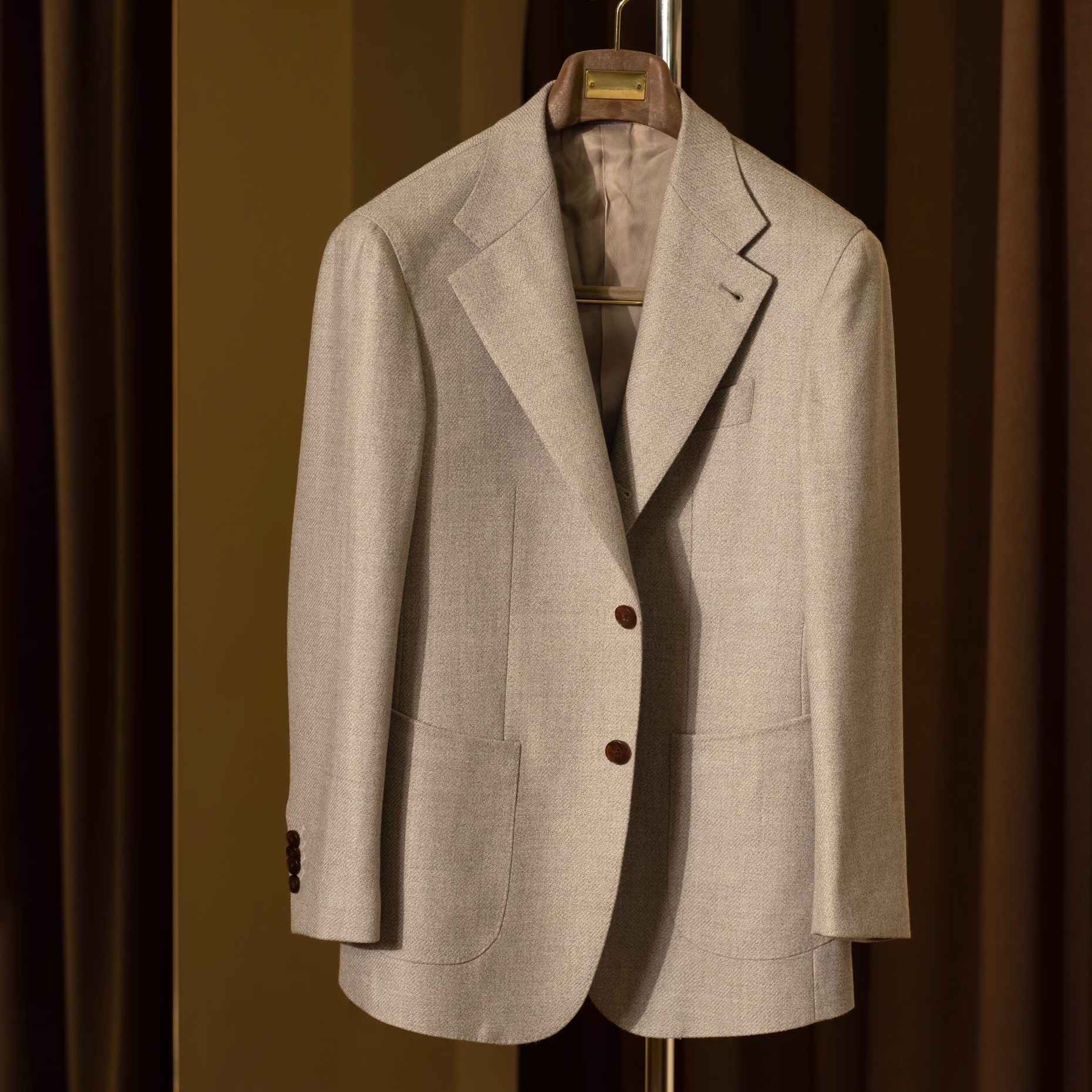 SEEKIMTED秋冬法兰绒小麦色意式西装高定半麻衬手工米兰眼瀑布袖