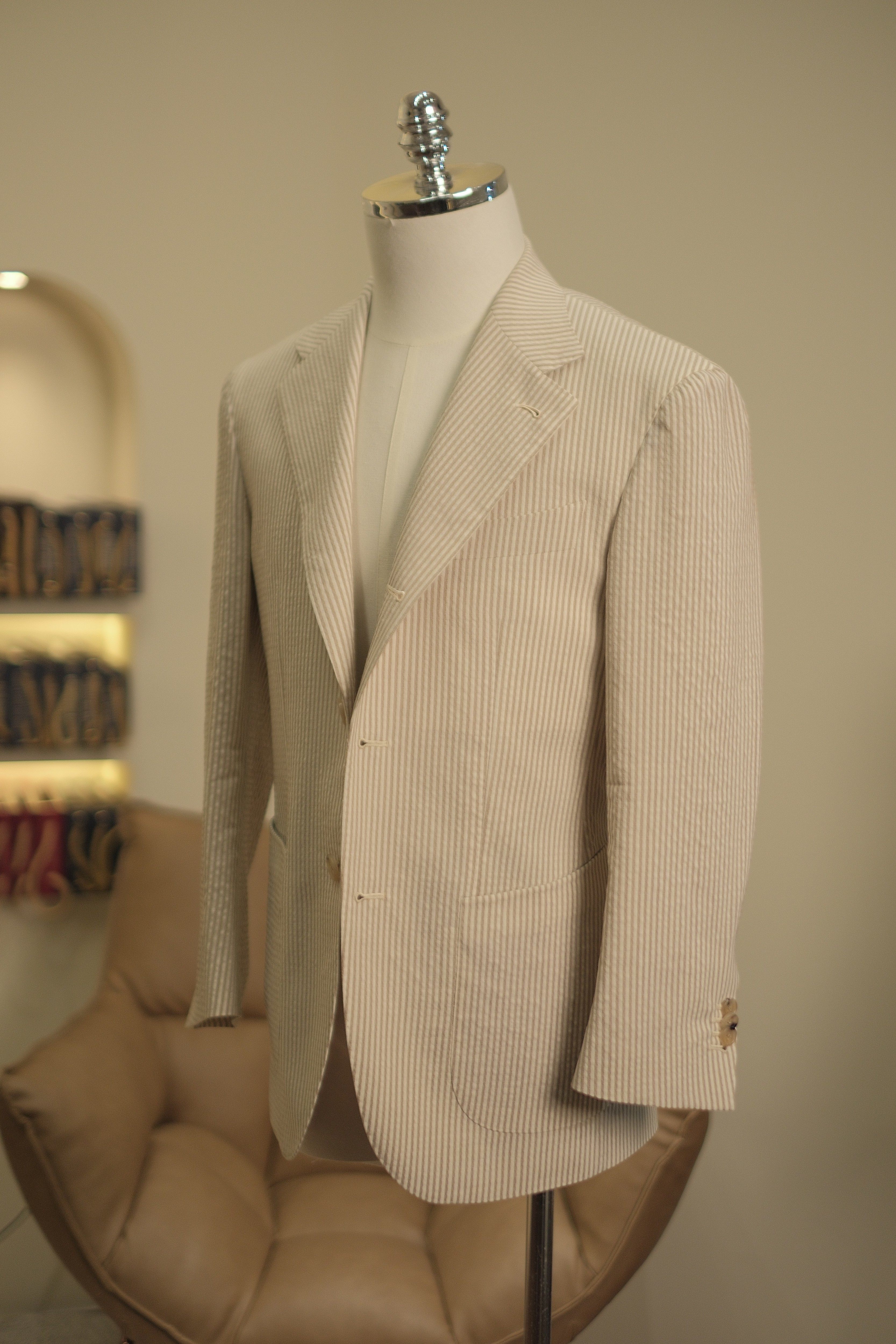 seekmited奶咖色条纹羊毛泡泡纱西装夏季休闲男士西服上衣