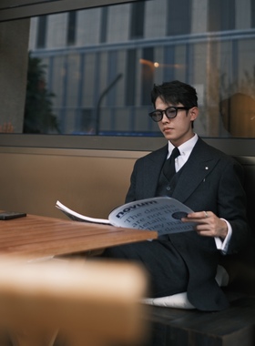 SEEKMITED秋冬法兰绒深灰色西服半麻衬西装枪驳领羊毛单排扣单西