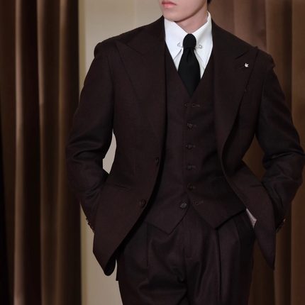 SEEKMITED秋冬栗棕红色法兰绒枪驳领西装外套意式半麻衬米兰眼