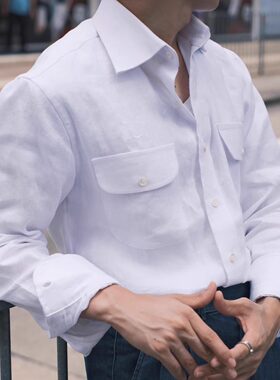 亚麻长袖衬衣大八领瀑布袖重磅