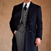 SEEKMITED秋冬男士 羊毛大衣戗驳领双排扣藏青色中长款 外套