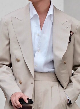 SEEKMITED卡其灰意式双排扣西服外套半麻衬西装上衣那不勒斯枪领