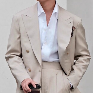 SEEKMITED卡其灰意式双排扣西服外套半麻衬西装上衣那不勒斯枪领