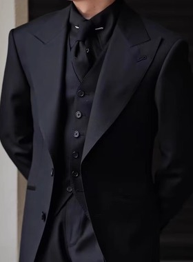 SEEKMITED黑色羊毛枪驳领西服大佬气场高定半麻衬西装手工米兰眼