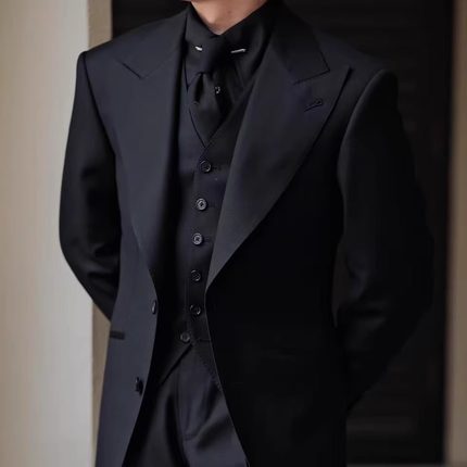SEEKMITED黑色羊毛枪驳领西服大佬气场高定半麻衬西装手工米兰眼