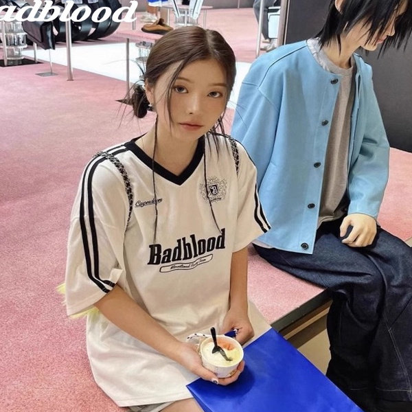 badblood款美式复古宽松T恤女V领短袖球衣oversize学院风美式上衣
