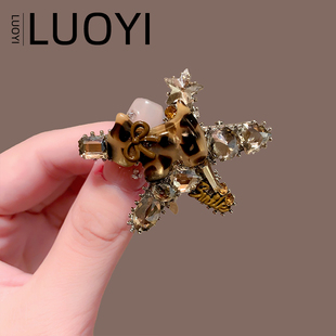 韩系复古豹纹猫咪镶钻发夹高级感气质刘海侧边碎发夹鸭嘴夹发饰