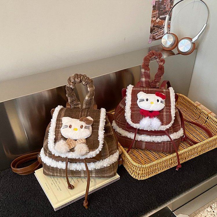 冬季新款韩版呢子格子毛毛边时尚小猫手提斜挎亲子款双肩包包女包