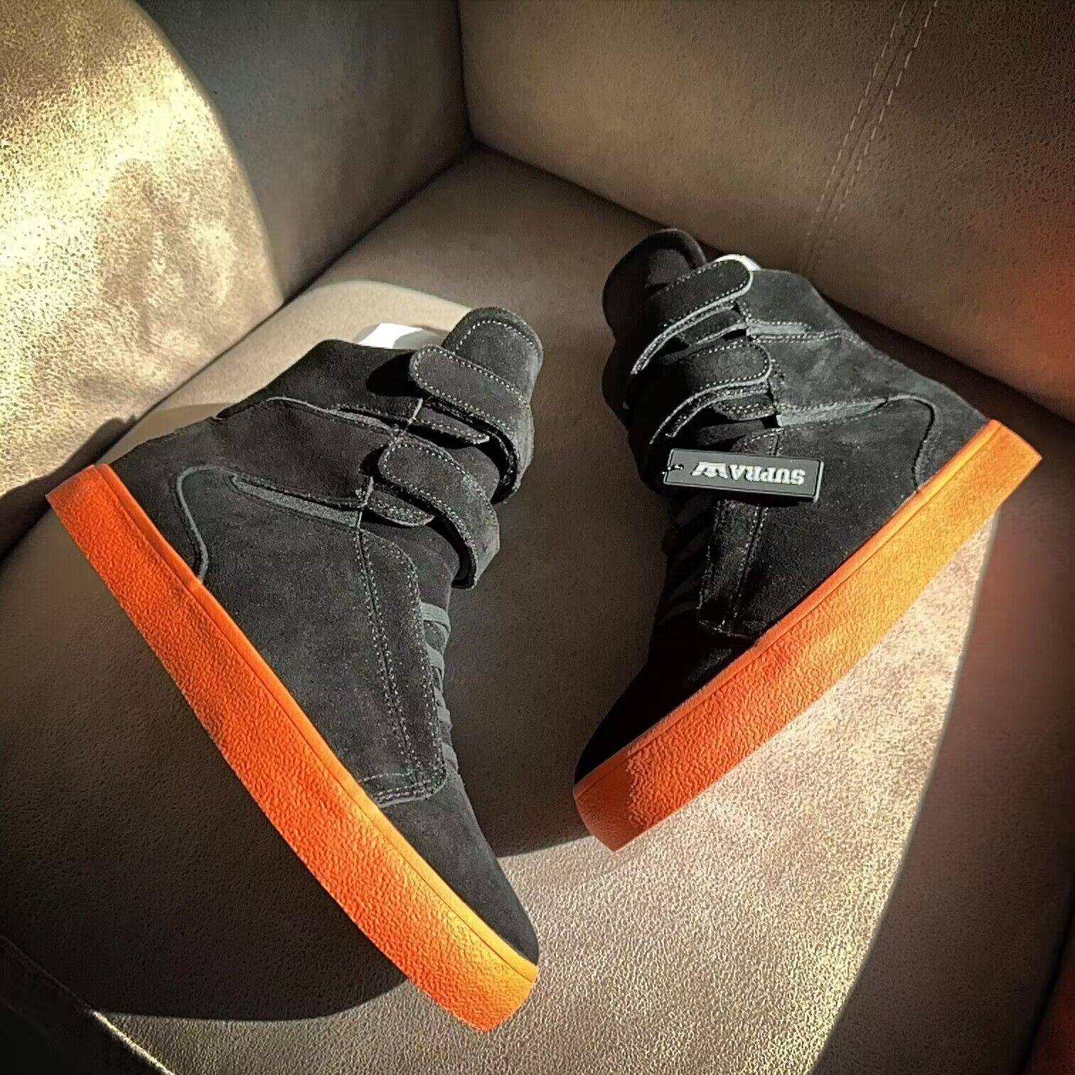 Supra Tk Society黑橙色炫彩鞋底全翻毛皮材质魔术贴高帮比伯男鞋