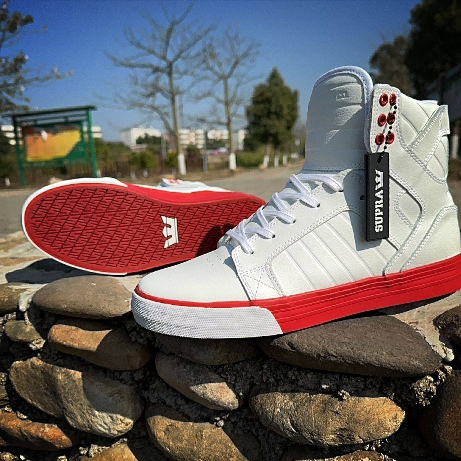 Supra Skytop红白拼色荔枝纹牛皮中高帮男女滑板鞋高街比伯同款