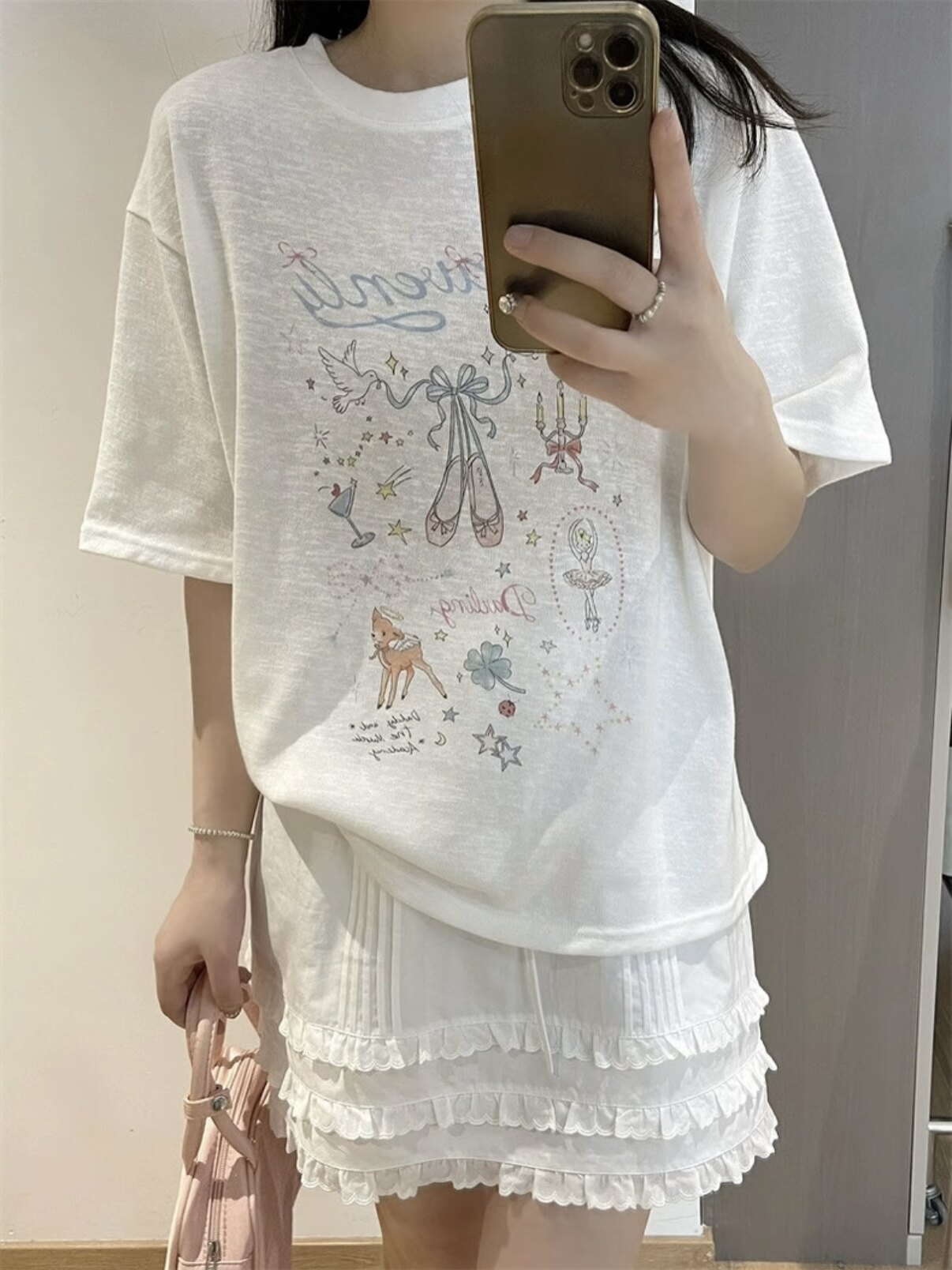 夏季新款韩版网红芭蕾鞋动物字母印花圆领宽松短袖t恤女百搭潮牌