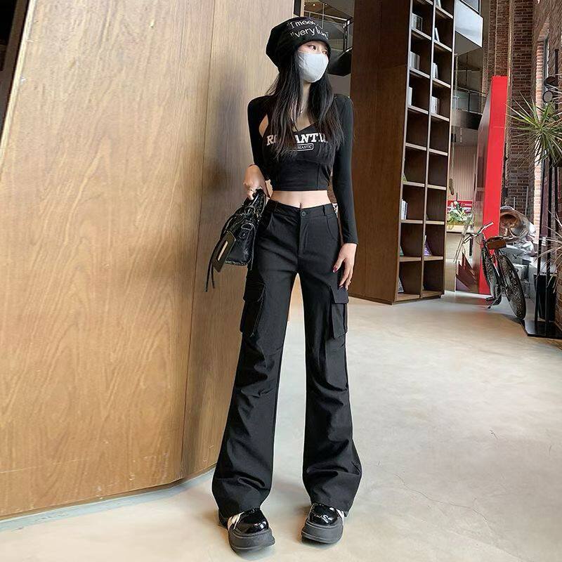 微喇叭工装裤女款夏季2026新款窄版黑色小个子降落伞兵速干运动裤