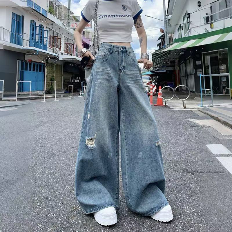 美式复古夏季破洞重洗水工艺垂感阔腿直筒拖地牛仔裤子女新款潮牌