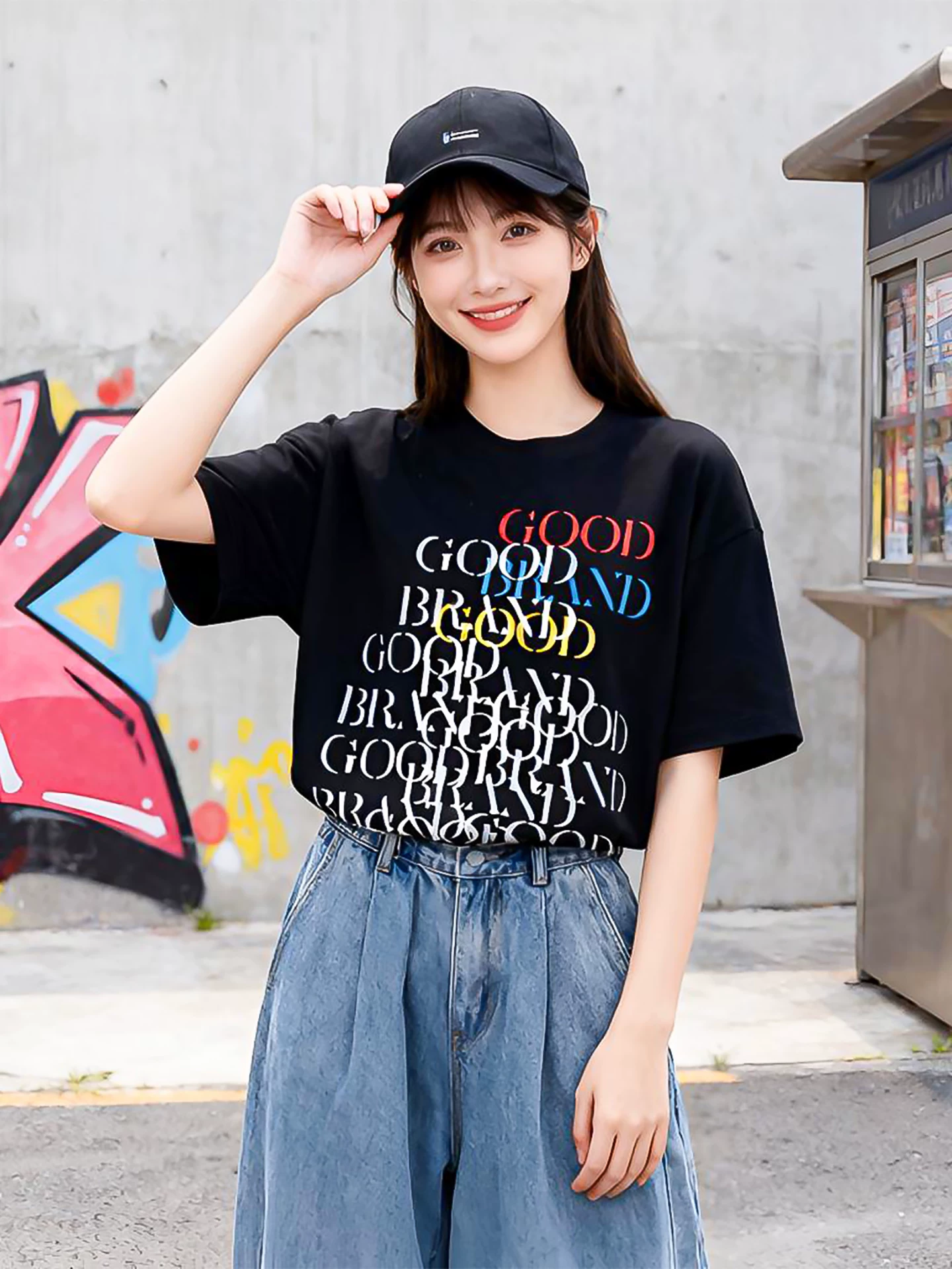 夏季新款韩范美式休闲感字母印花圆领短袖T恤女个性上衣潮牌宽松
