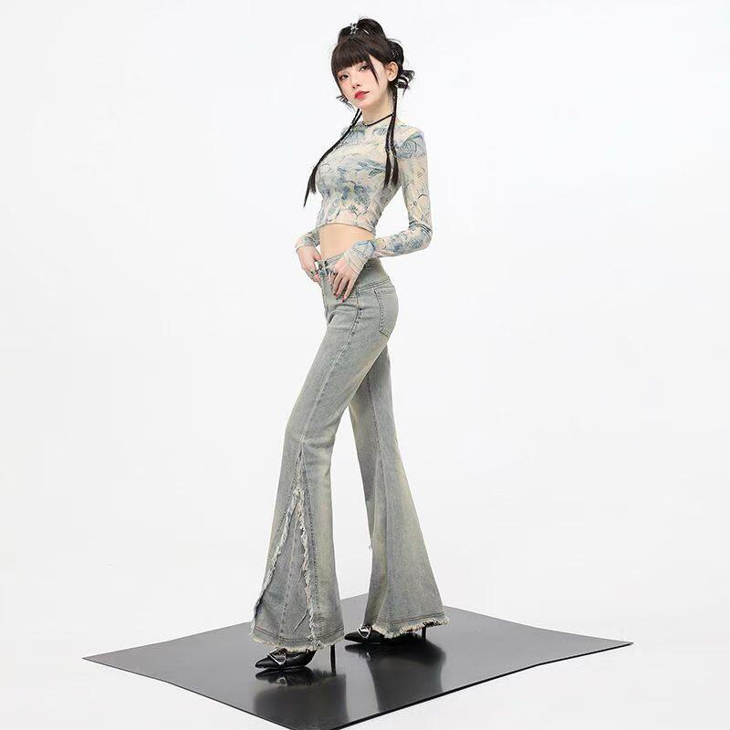 春秋韩系设计感流苏毛边微喇牛仔裤女辣妹复古弹力修身拖地喇叭裤
