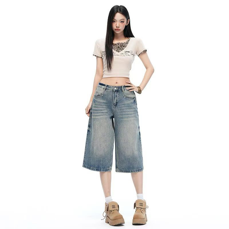 复古蓝美式七分牛仔裤女夏季新款高腰直筒阔腿裤宽松中裤子潮牌