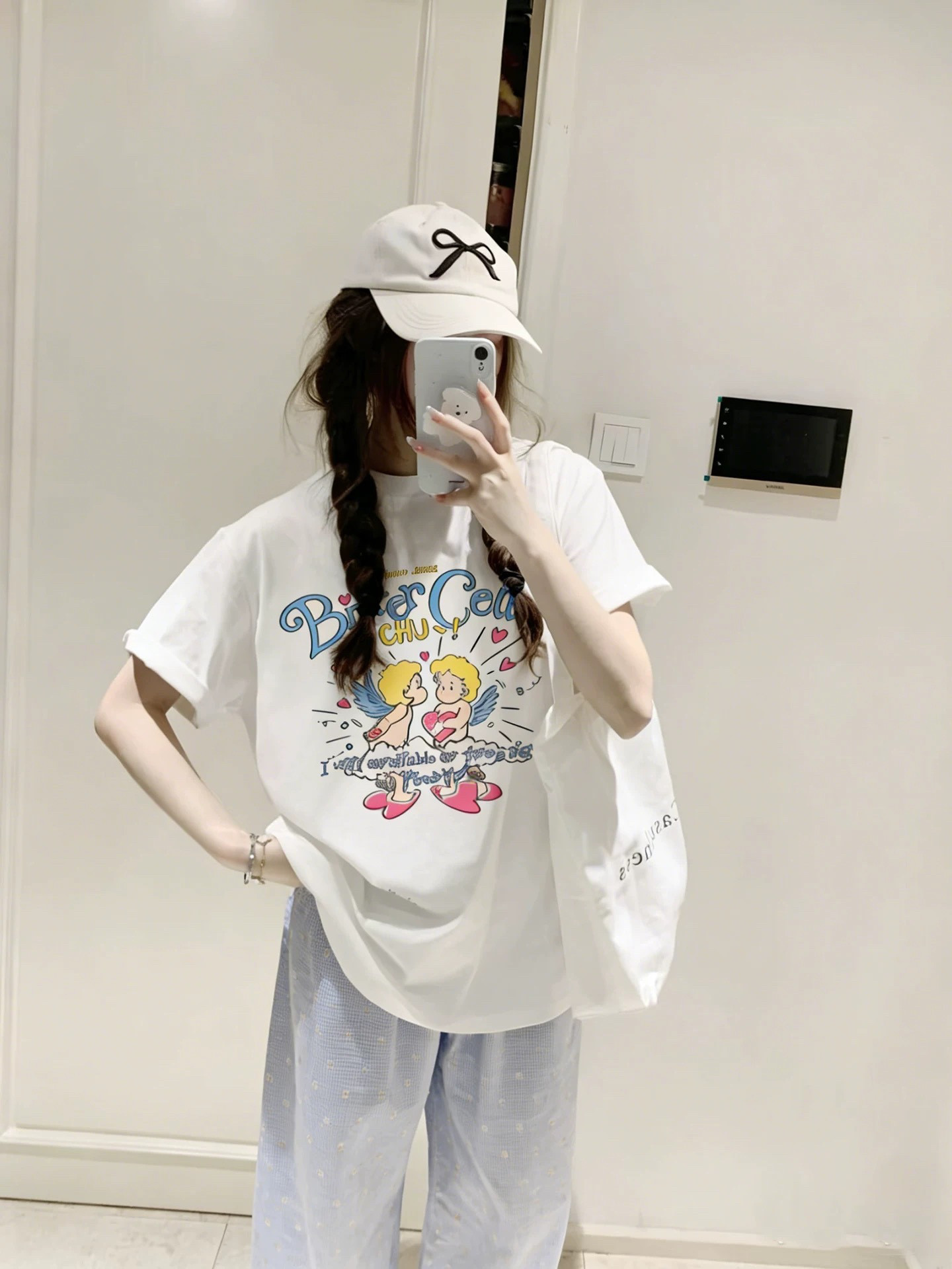 夏季新款t恤女韩版丘比特小天使卡通字母印花短袖宽松圆领纯棉潮