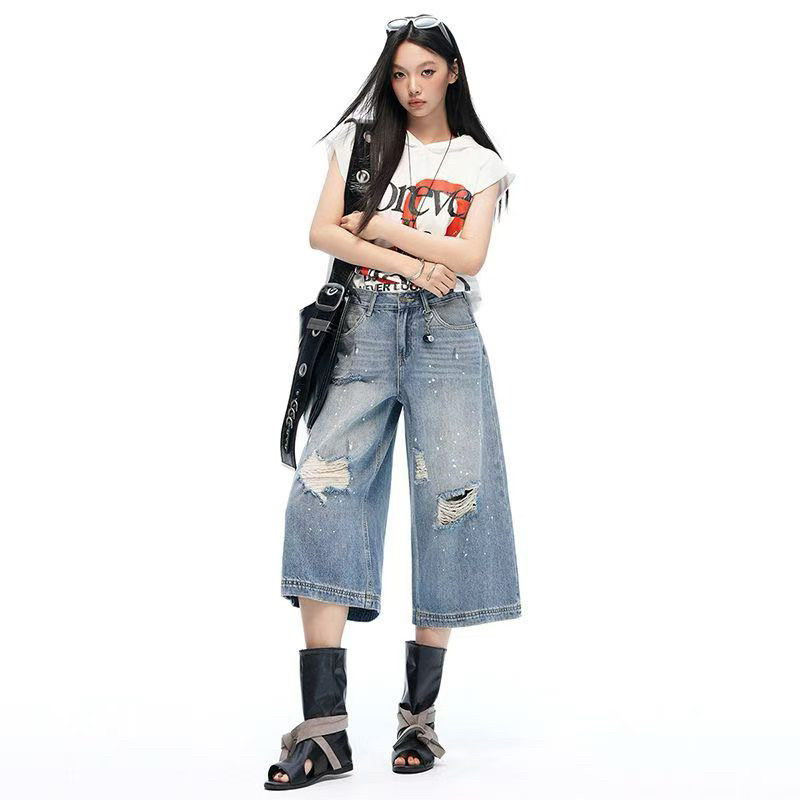 美式水洗破洞七分裤女夏季新款设计感小个子牛仔短裤高腰潮牌涂鸦