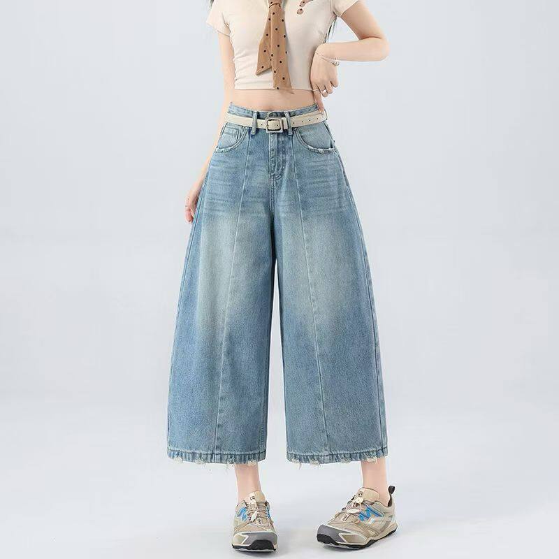 2026夏季新款女裤高腰时尚八分弯刀阔腿牛仔裤女韩版美式潮牌宽松