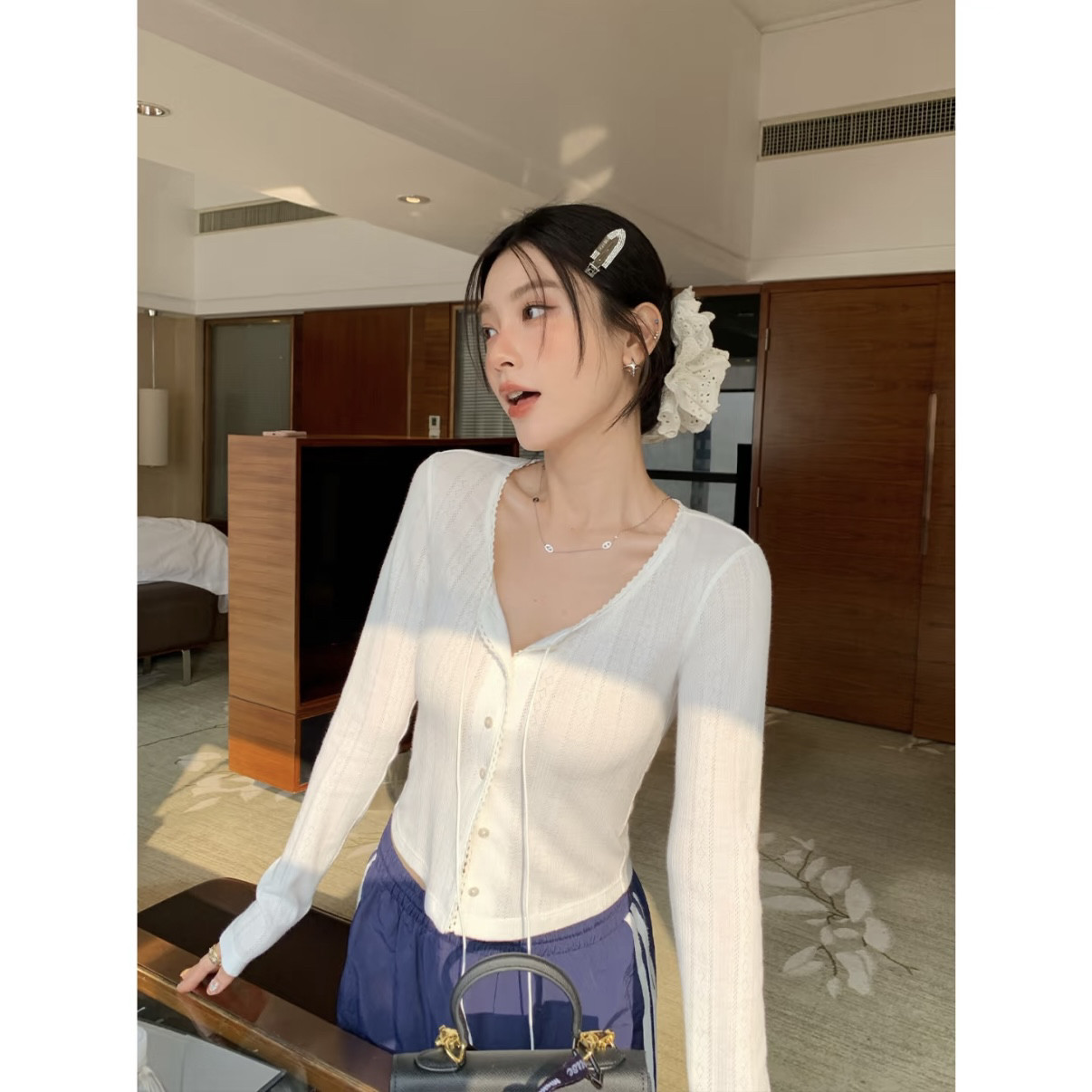 韩版春秋纯色蕾丝边系带长袖开衫甜美气质风上衣女超纯欲甜妹潮牌