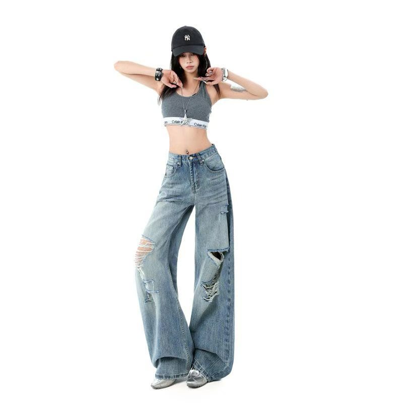 美式夏季复古破洞水洗做|日牛仔裤女直筒阔腿弯刀裤宽松高腰潮牌
