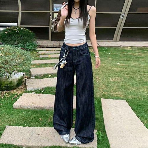 恩建模裤 四季可穿 复古撞色明线直筒阔腿原色防掉色牛仔裤女潮牌