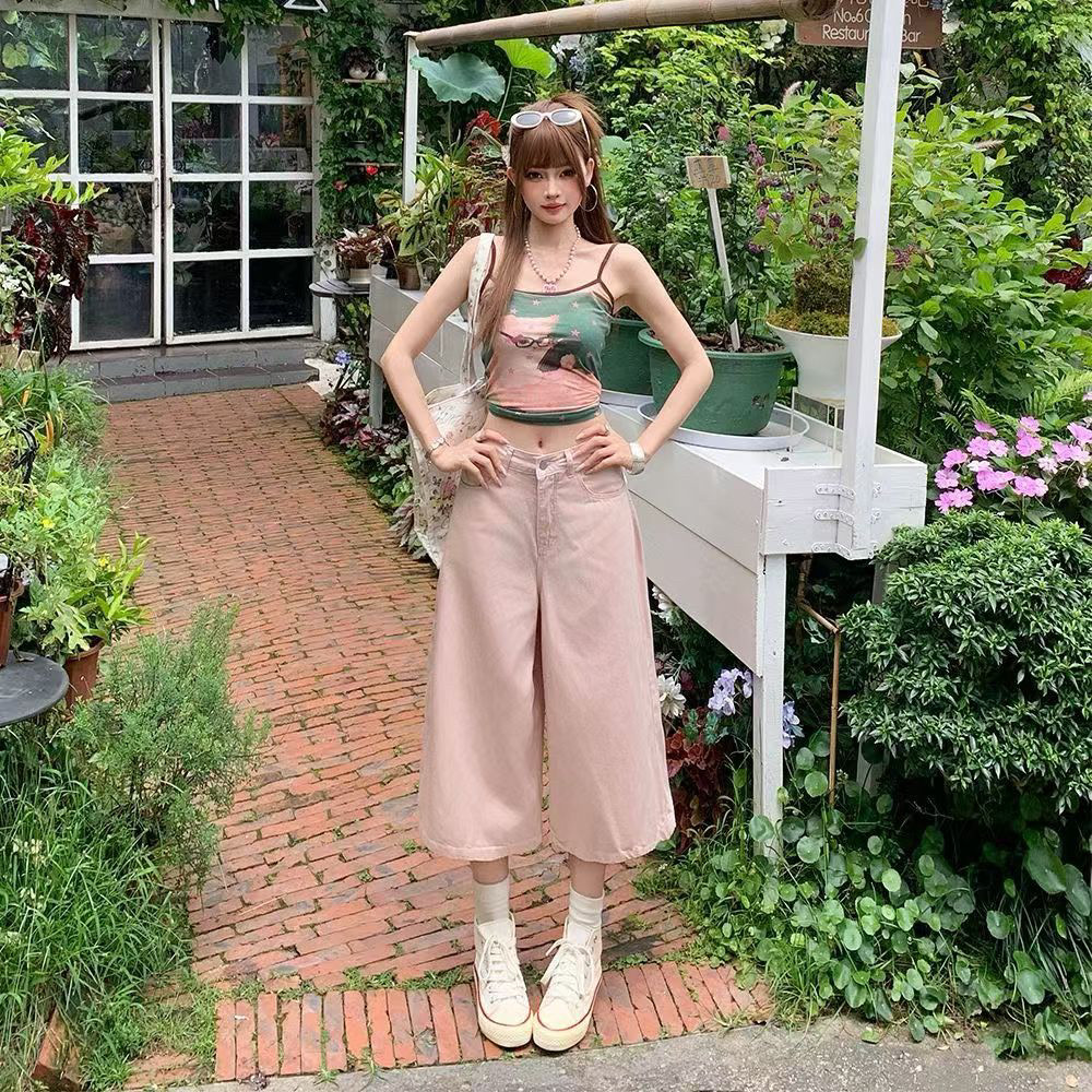 莱赛尔粉色阔腿牛仔裤女夏季新款裤子休闲七分裤宽松直筒裤高腰
