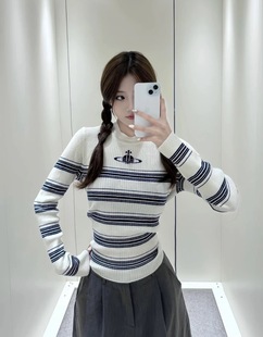 秋冬新款西太后经典土星提花条纹圆领羊毛针织衫长袖毛衣软糯弹性