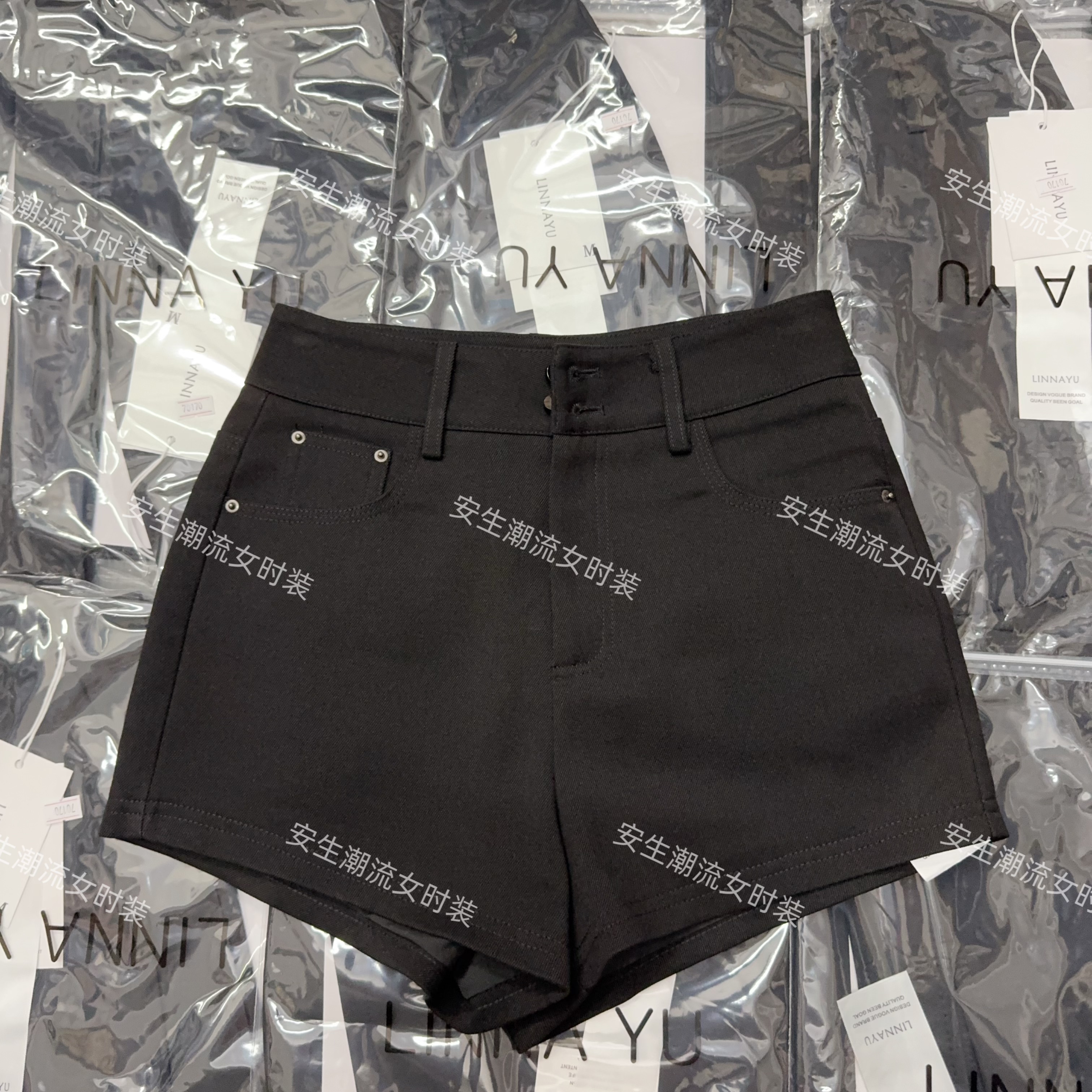 Linnayu夏季新款短裤女高腰口袋打钉韩版网红气质a字阔腿西装潮牌