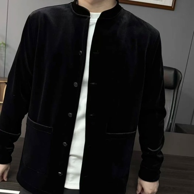 新中式国风商务休闲秋冬男士金丝绒开衫外套帅气潮流百搭25335。