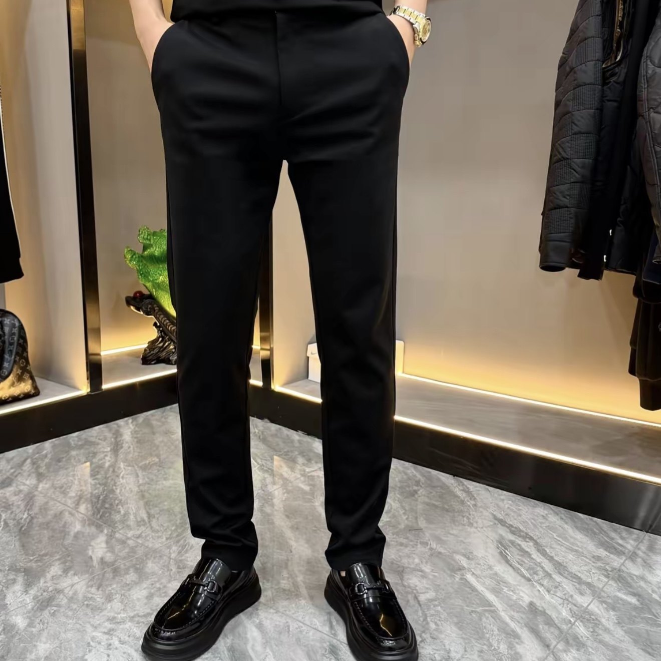 秋冬男士长裤秋冬商务黑色商务休闲修身高弹厚款休闲裤时尚4060