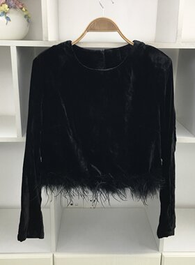 黑色金丝绒长袖衬衫女流苏毛毛