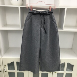 秋季极简轻熟风高腰灰色毛呢裤阔腿裤女宽松显瘦休闲裤9分裤子