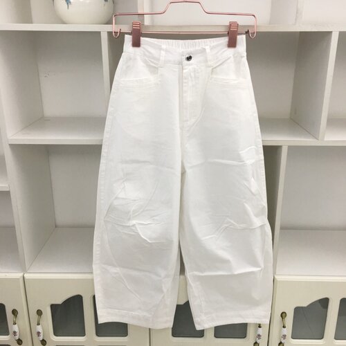 松紧腰棉布白色直筒裤弯刀裤休闲